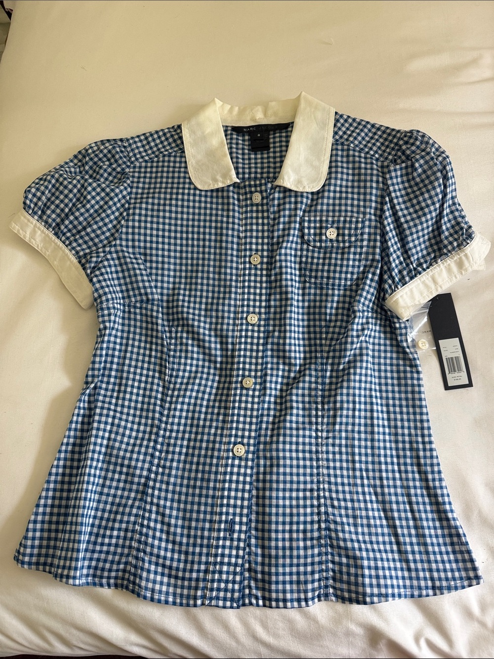 Marc Jacobs Blue & White Gingham Button-Up Shirt with Contrast Collar - Size 8